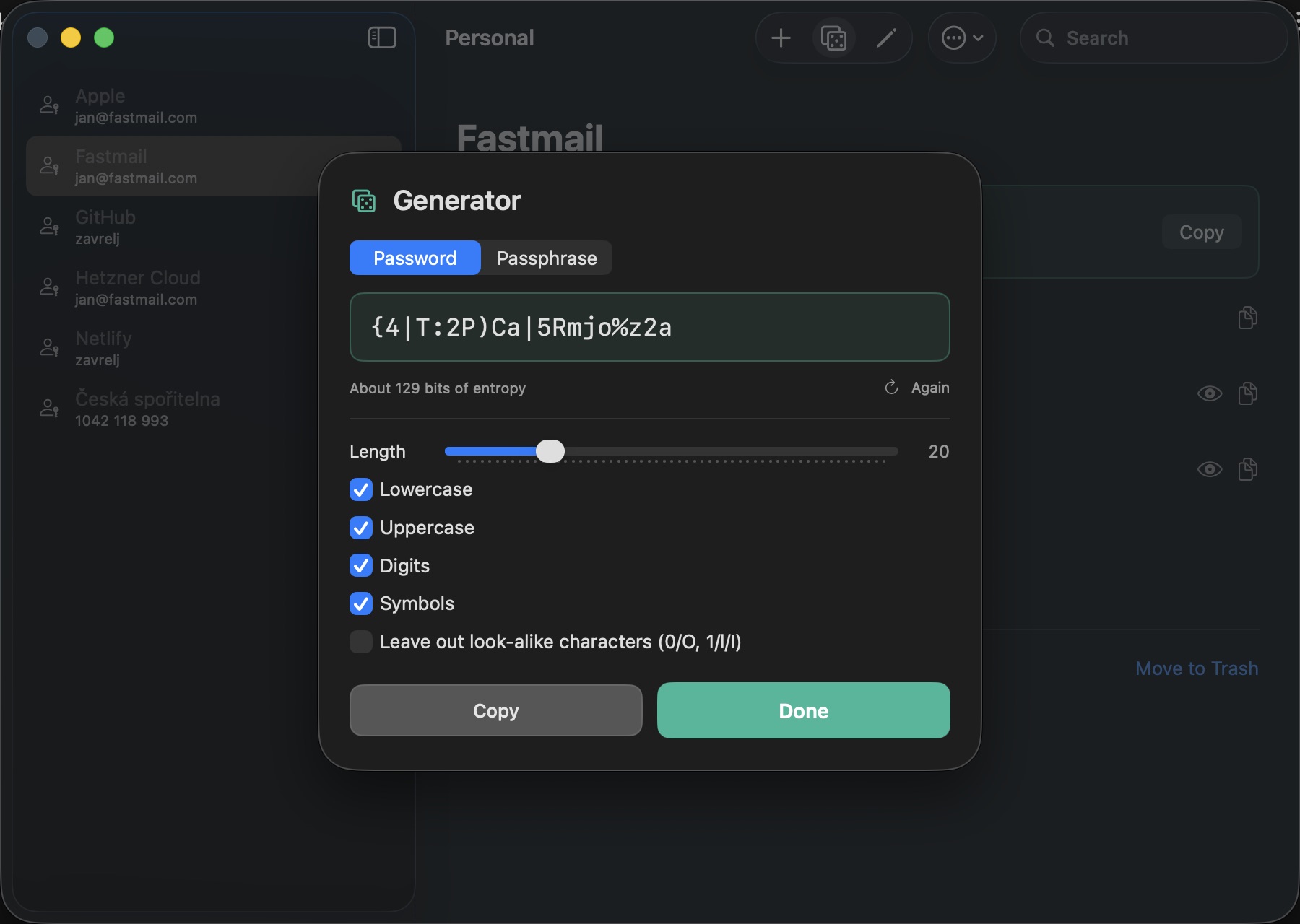 The password generator: a generated password, an entropy estimate, and switches for length and character sets.