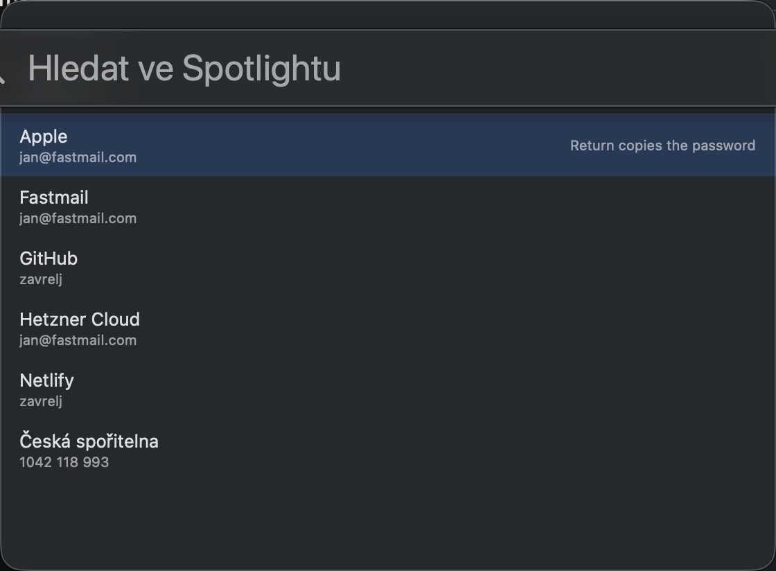 The quick access panel: a search field and a list of logins, with a note that Return copies the password.