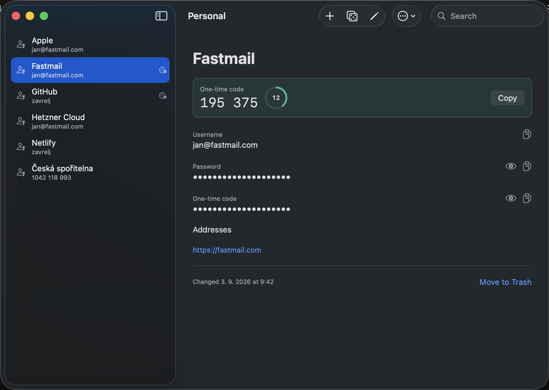 The SilentKey vault on a Mac: a list of logins on the left, an open item on the right with a one-time code counting down, a hidden password and the web address.